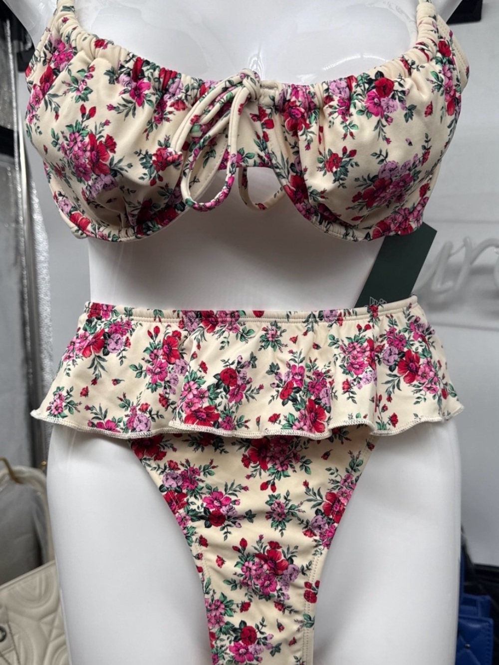 Floral Ruffle Two-Piece Bikini - Cream & Pink